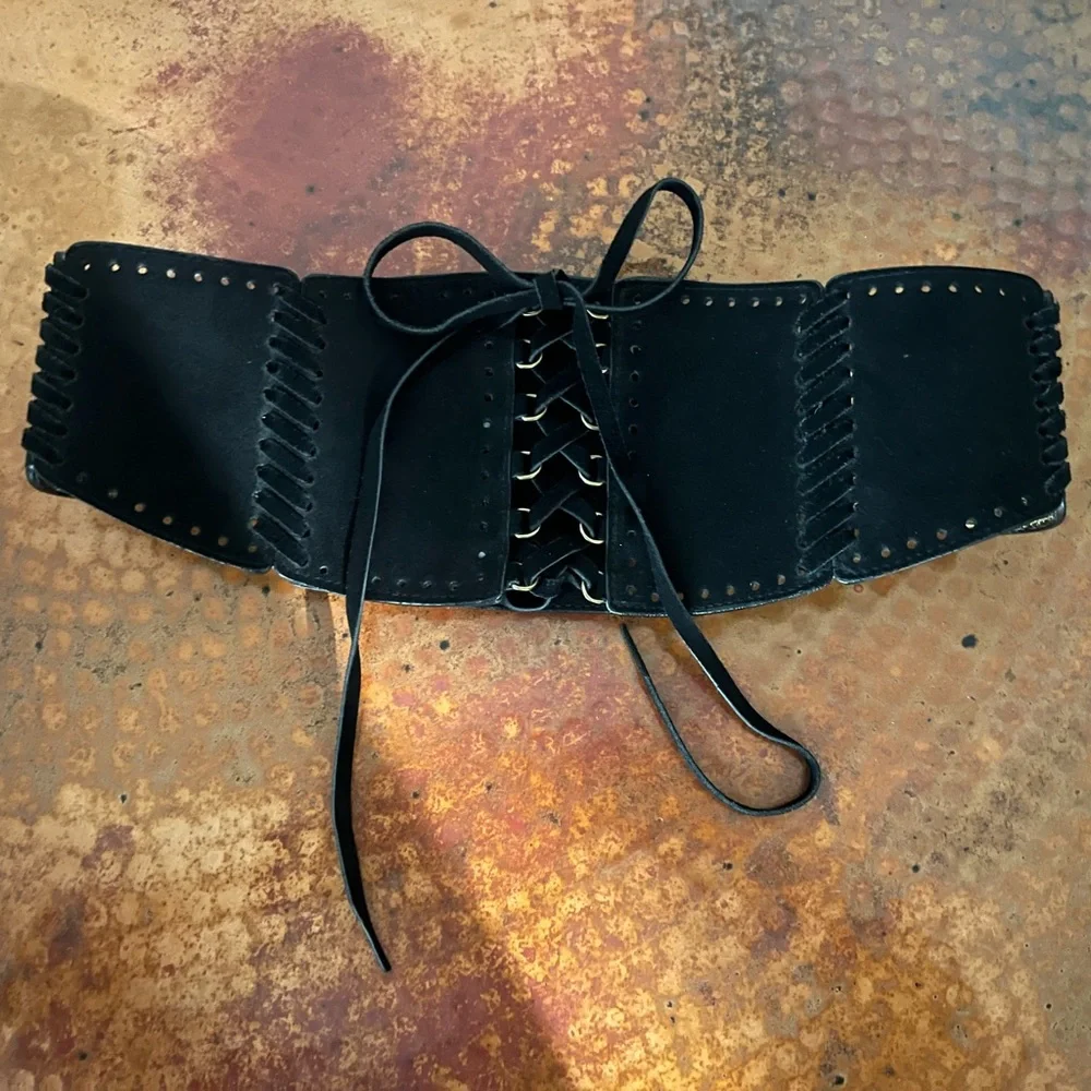 Michael Kors BLACK Suede Leather Corset Belt w/ Snap Closure Size M/L (not tan!)